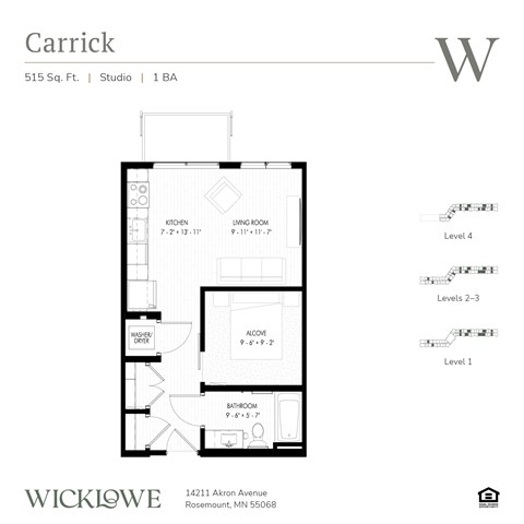 Floor plan for studio, 1 bath, 515 sqft